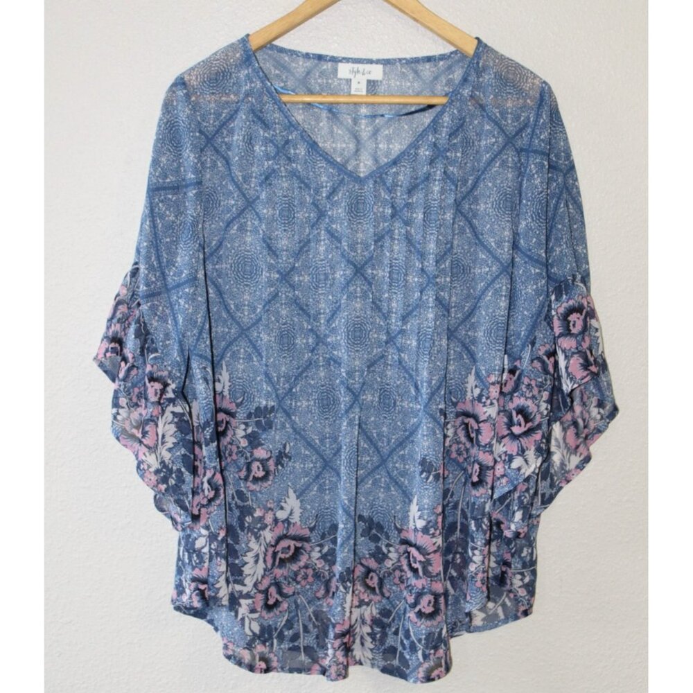 Style & Co Womens Blue Floral Sheer Short Sleeve Boho Blouse M NWT